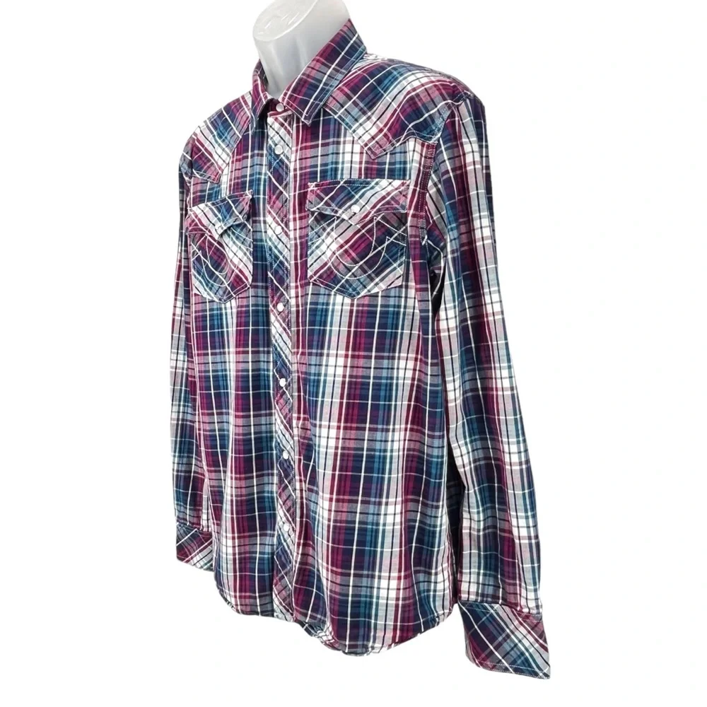 True Religion Mens‎ XL Plaid Western Pearl Snap Shirt Red Blue